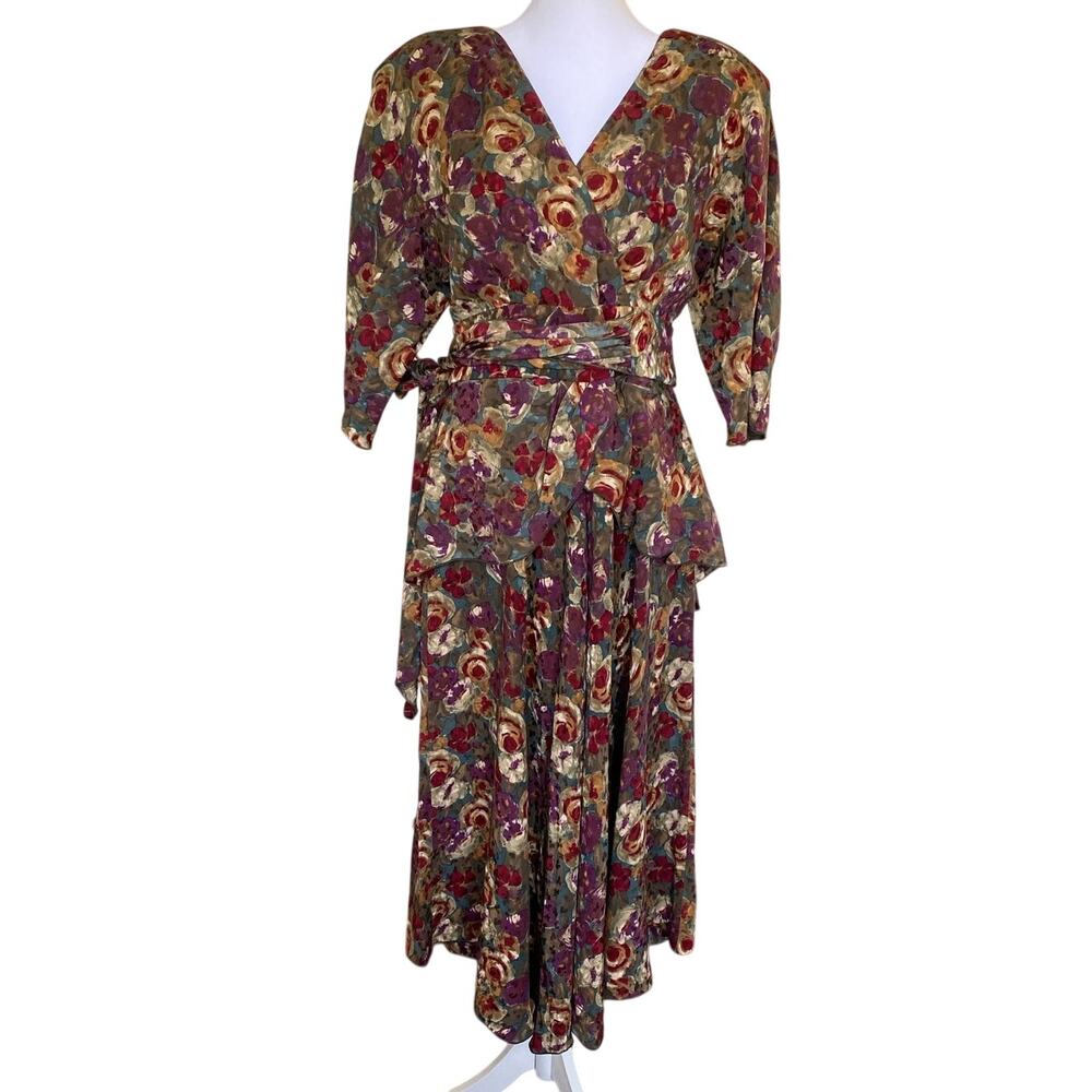 Holly Harp Vintage late 1970's Floral Dress Faux Wrap Peplum Size Small
